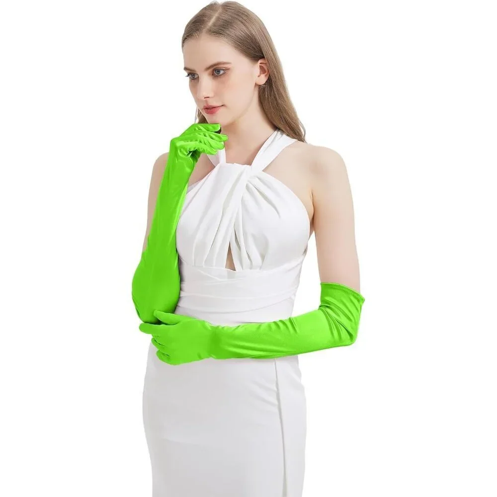 Women's Neon Green Imported Satin Elbow Length Halloween Cosplay Opera Gloves